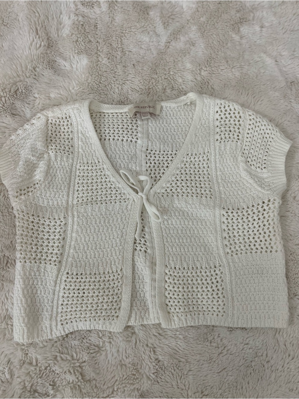 White Open-Knit Tie-Front Short Sleeve Sweater